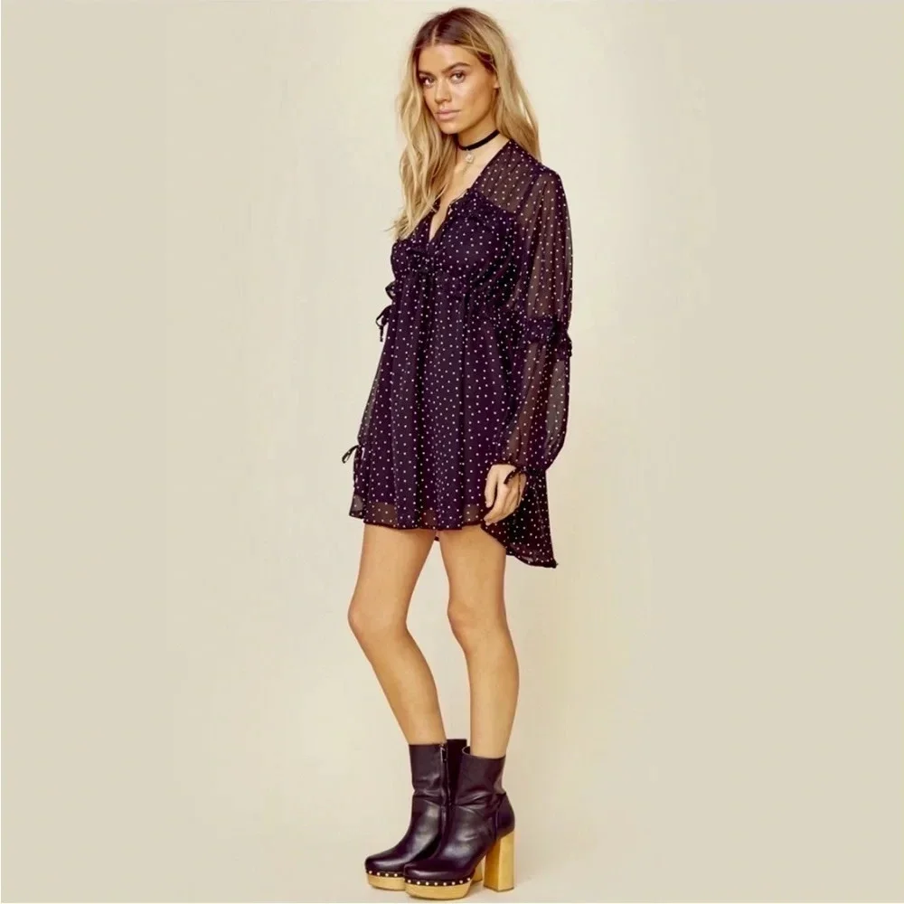 For Love & Lemons Truffles Polka Dot Babydoll Mini Dress Black Romantic Size S - Picture 5 of 11
